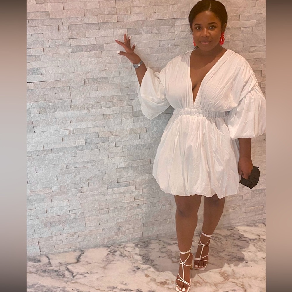 White Balloon Sleeve Bubble Dress